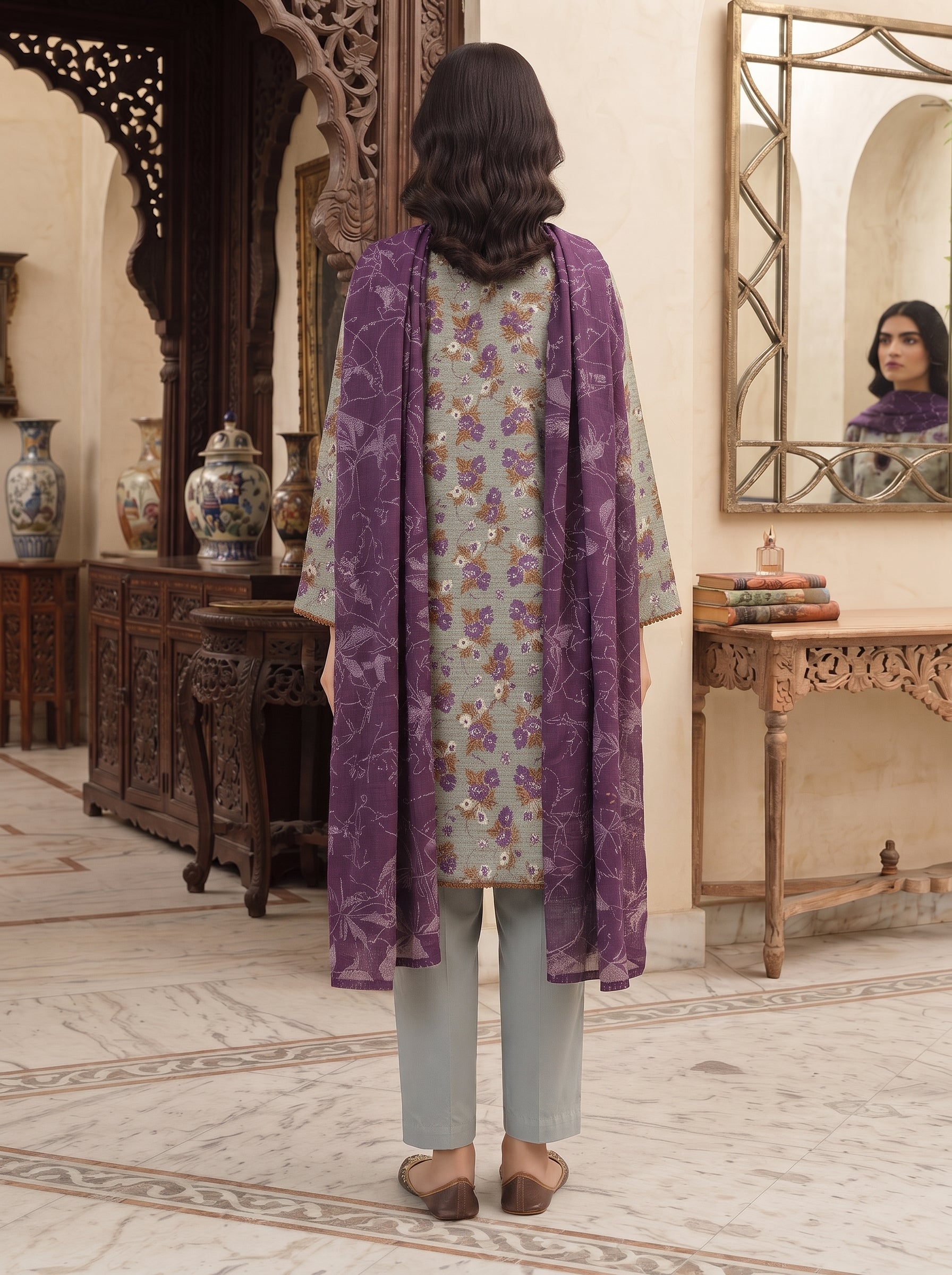 Muted grey floral printed 3-piece stitched suit