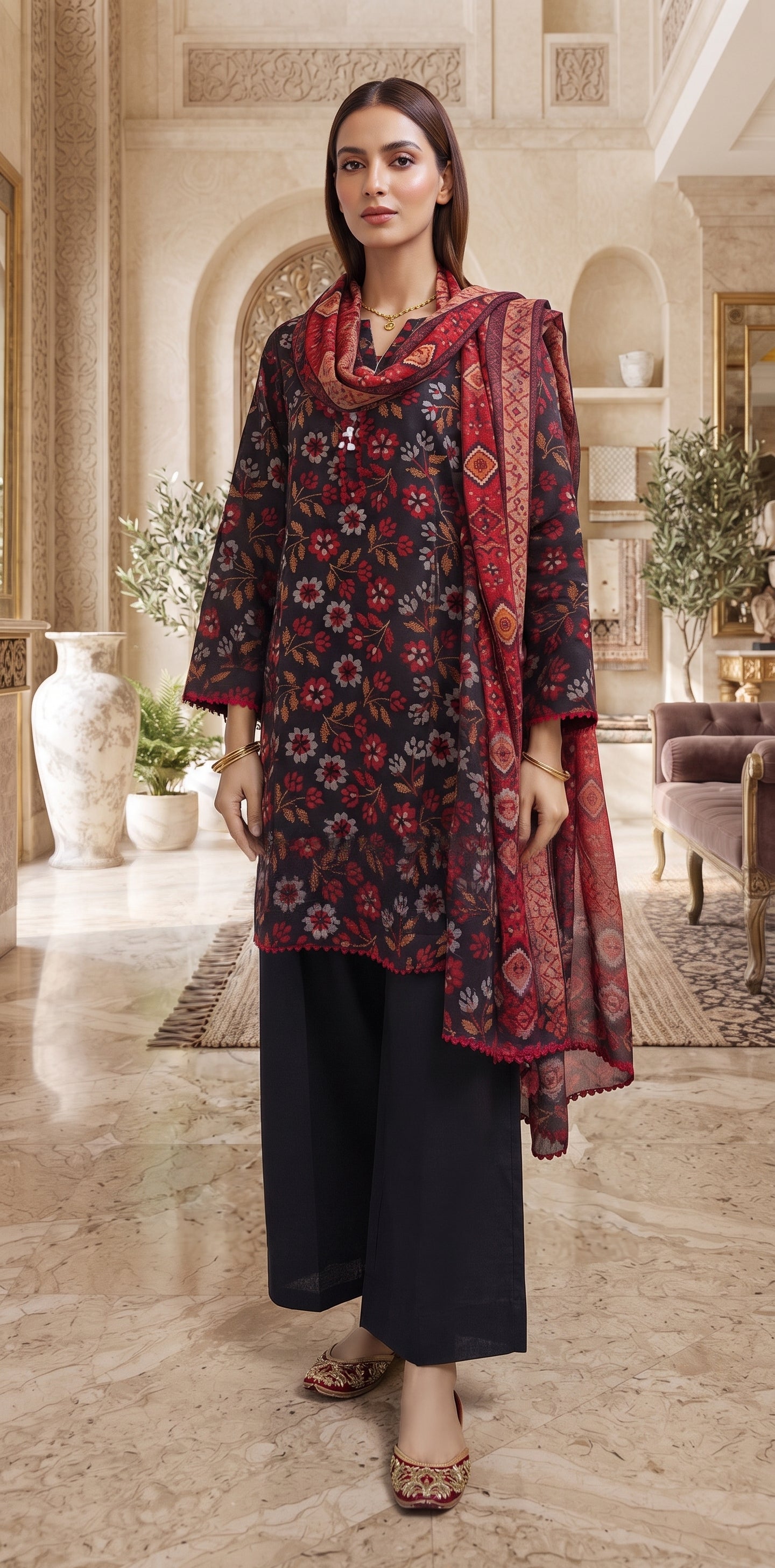 Charcoal floral printed 3-piece stitched suit with crimson shawl dupatta