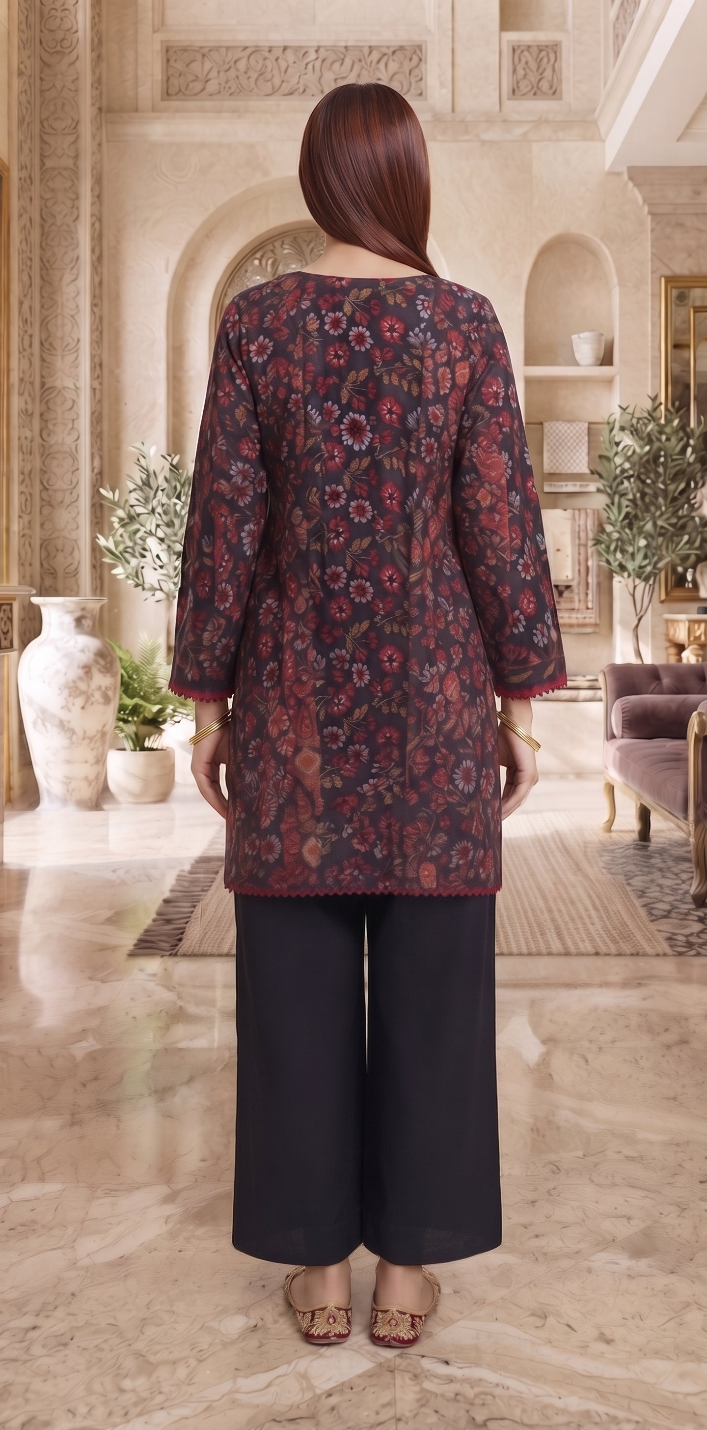 Charcoal floral printed 3-piece stitched suit with crimson shawl dupatta