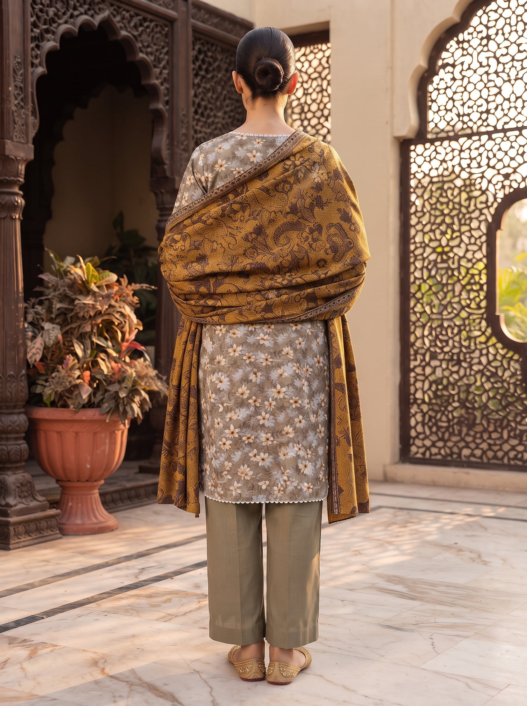Taupe grey floral printed 3-piece stitched suit with mustard shawl dupatta