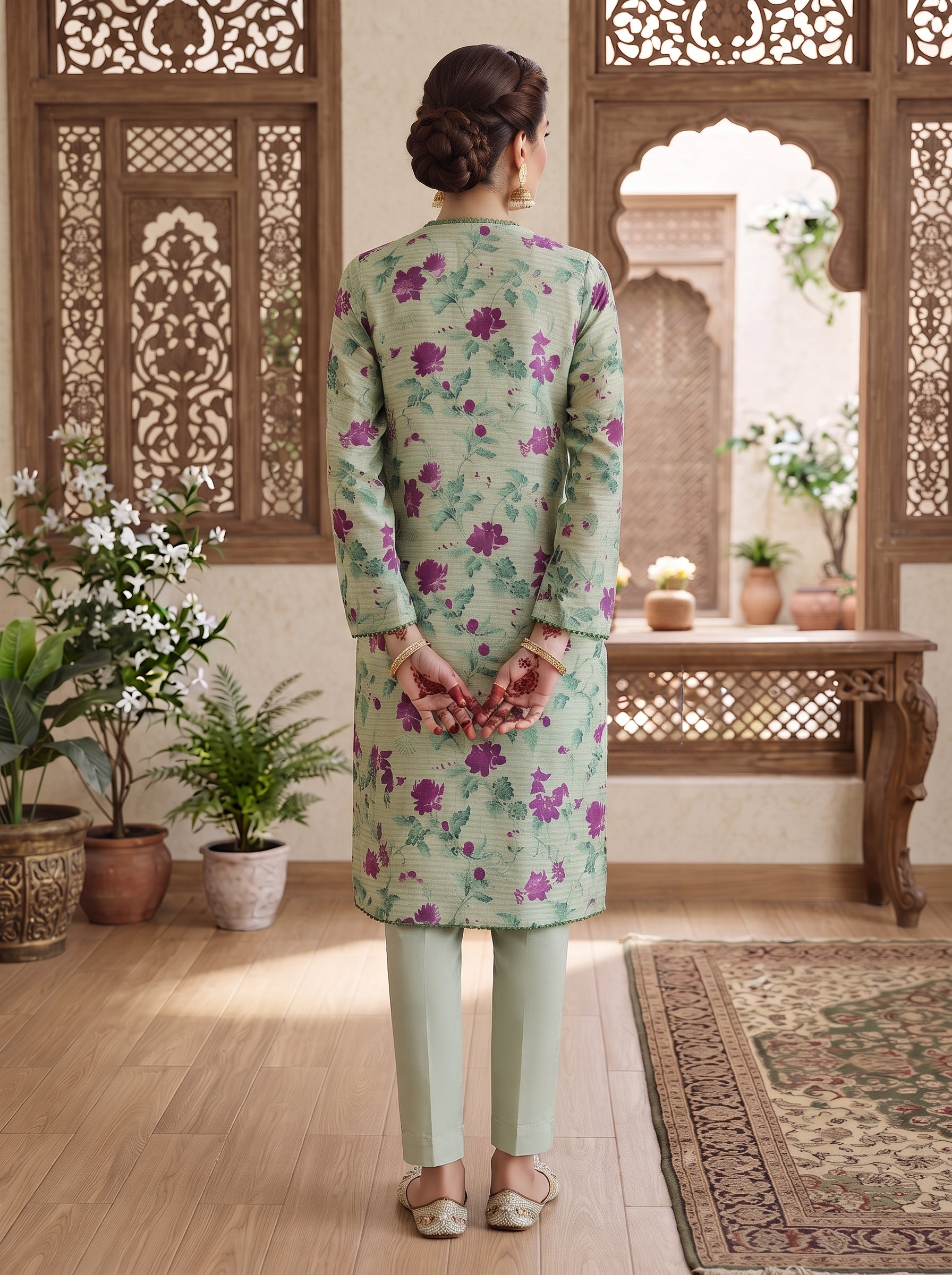 Mint green 3-piece stitched lawn suit with charcoal-olive printed dupatta