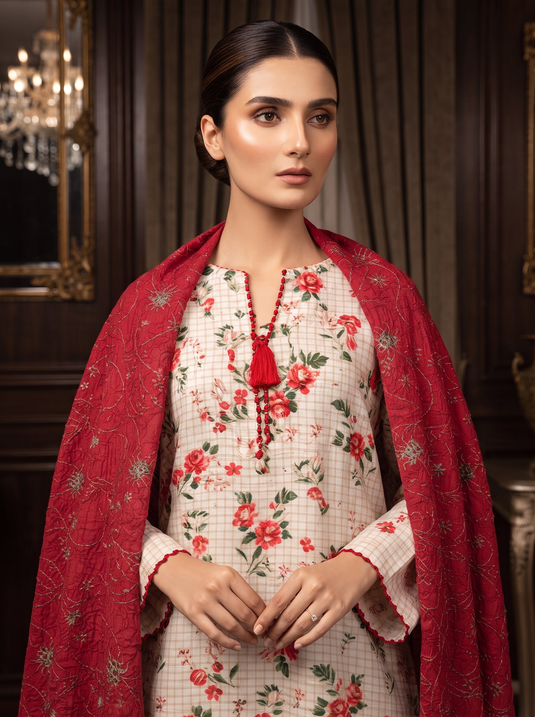 Ivory floral printed 3-piece stitched suit with crimson shawl dupatta