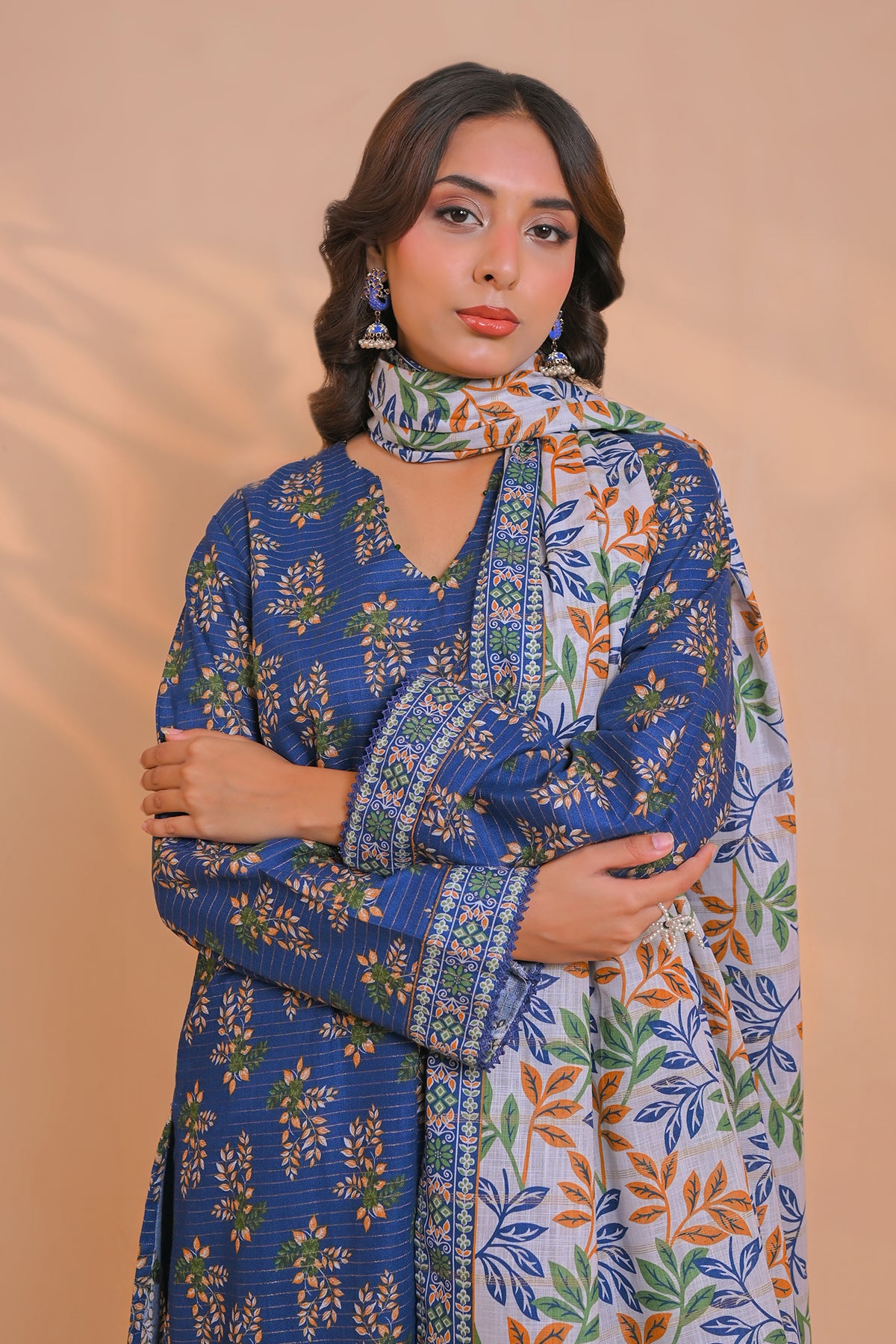 3 Pcs Unstitched printed Essential khaddar Suit in royal blue for women