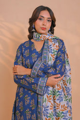 3 Pcs Unstitched printed Essential khaddar Suit in royal blue for women