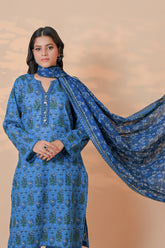 3 Pcs Unstitched printed Essential khaddar Suit in sky blue for women