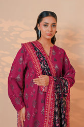 3 Pcs Unstitched printed Essential khaddar Suit in magenta-berry for women
