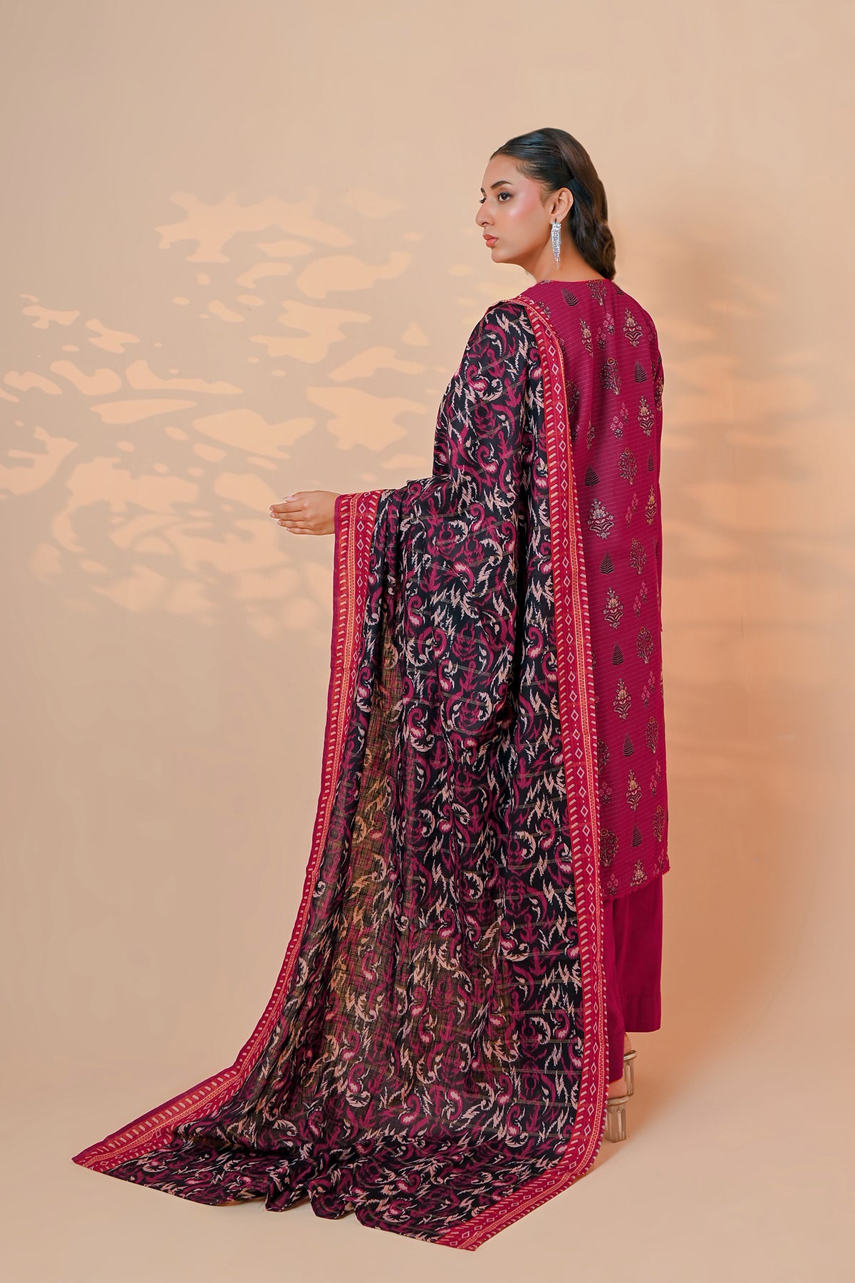 Women's magenta-berry unstitched khaddar suit with patterned V-neckline placket