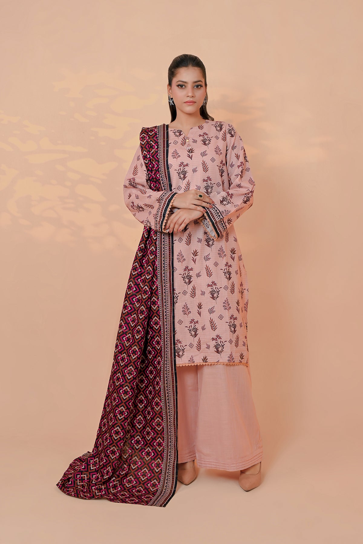 Dusty blush pink chocolate-brown botanical sprig print on unstitched khaddar suit for women