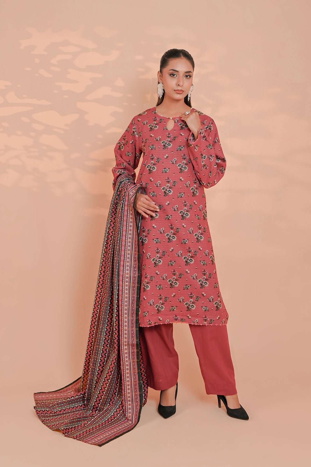3 Pcs Unstitched printed Essential khaddar Suit in rust-rose for women