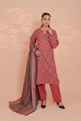 3 Pcs Unstitched printed Essential khaddar Suit in rust-rose for women