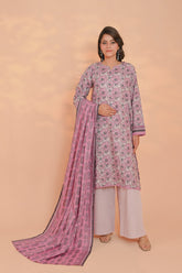 Warm rust-rose floral sprig print on unstitched khaddar suit for women