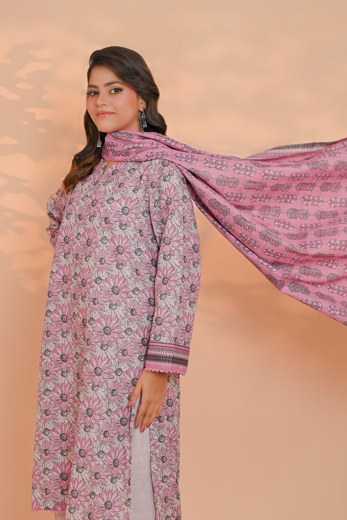 Women's warm rust-rose unstitched khaddar suit with keyhole neckline