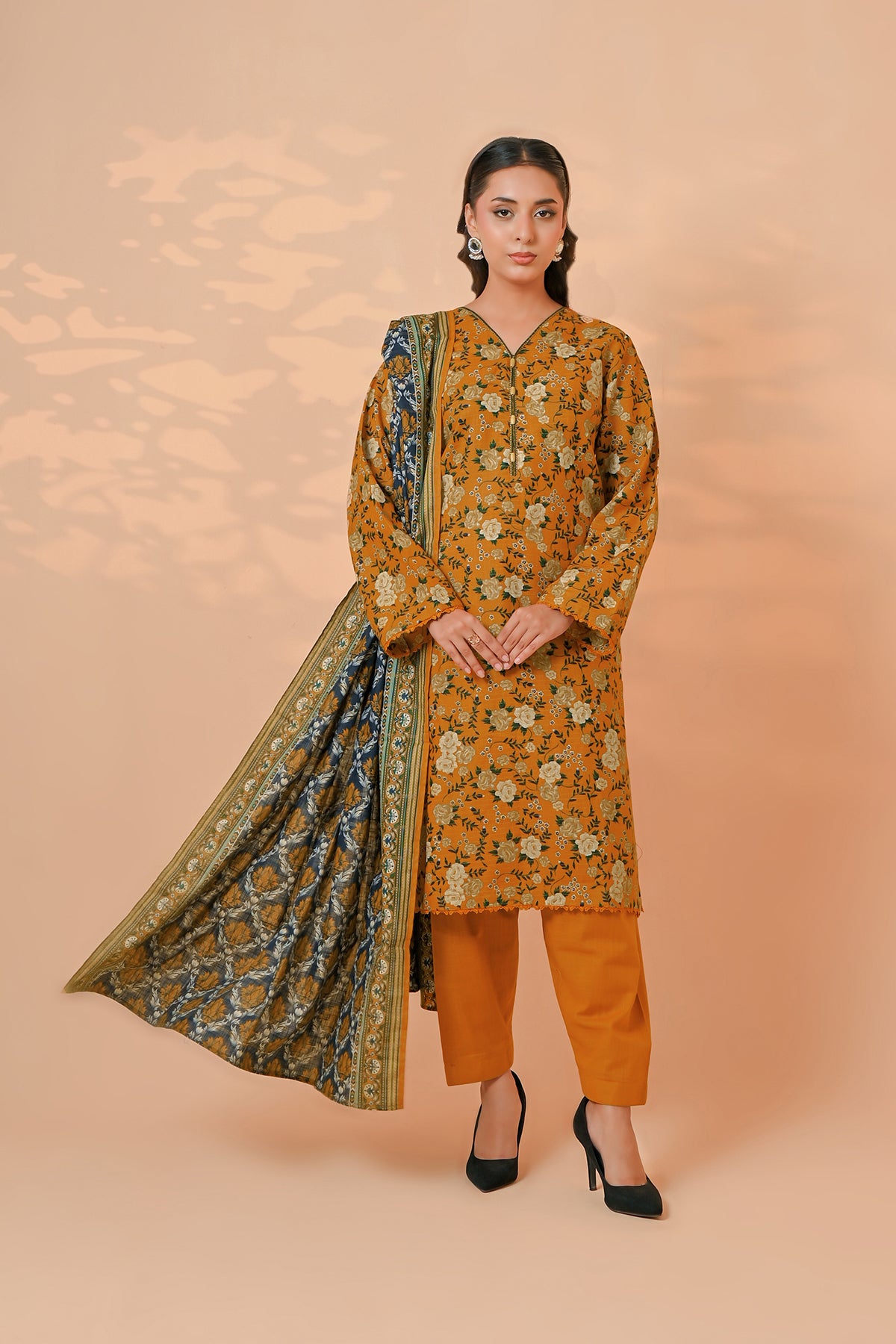 Mustard-ochre creamy rose floral print on unstitched khaddar suit for women
