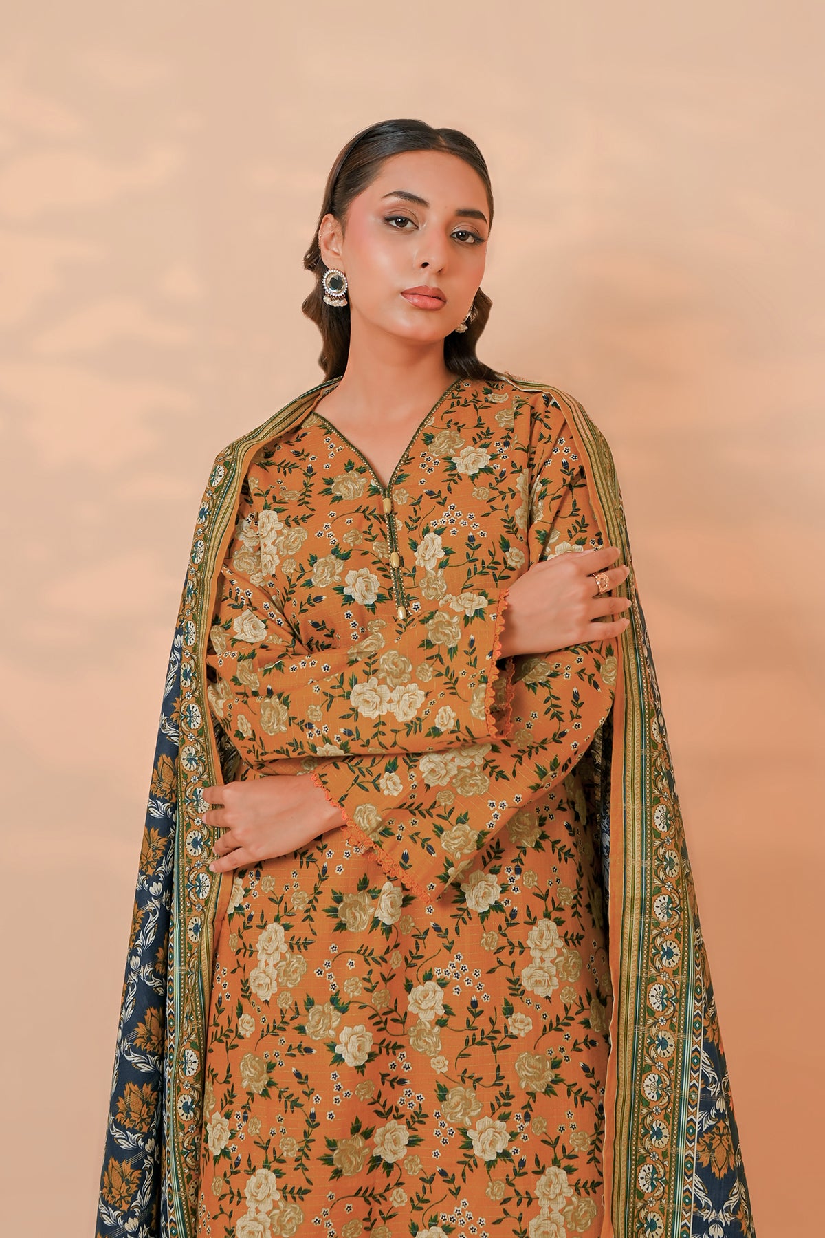 3 Pcs Unstitched printed Essential khaddar Suit in mustard-ochre for women