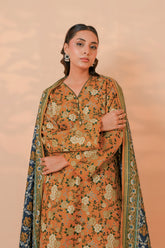 3 Pcs Unstitched printed Essential khaddar Suit in mustard-ochre for women
