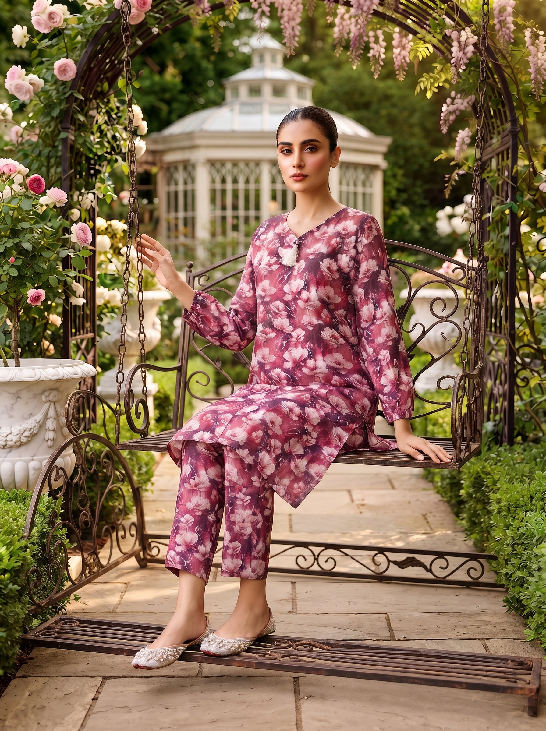 Magenta Watercolor Floral Print 2-Piece Suit view 3