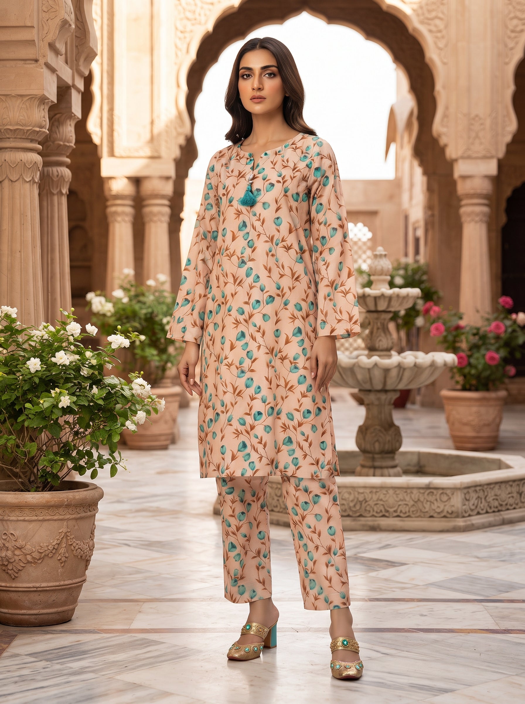 Peach Turquoise Leaf Print 2-Piece Suit view 4