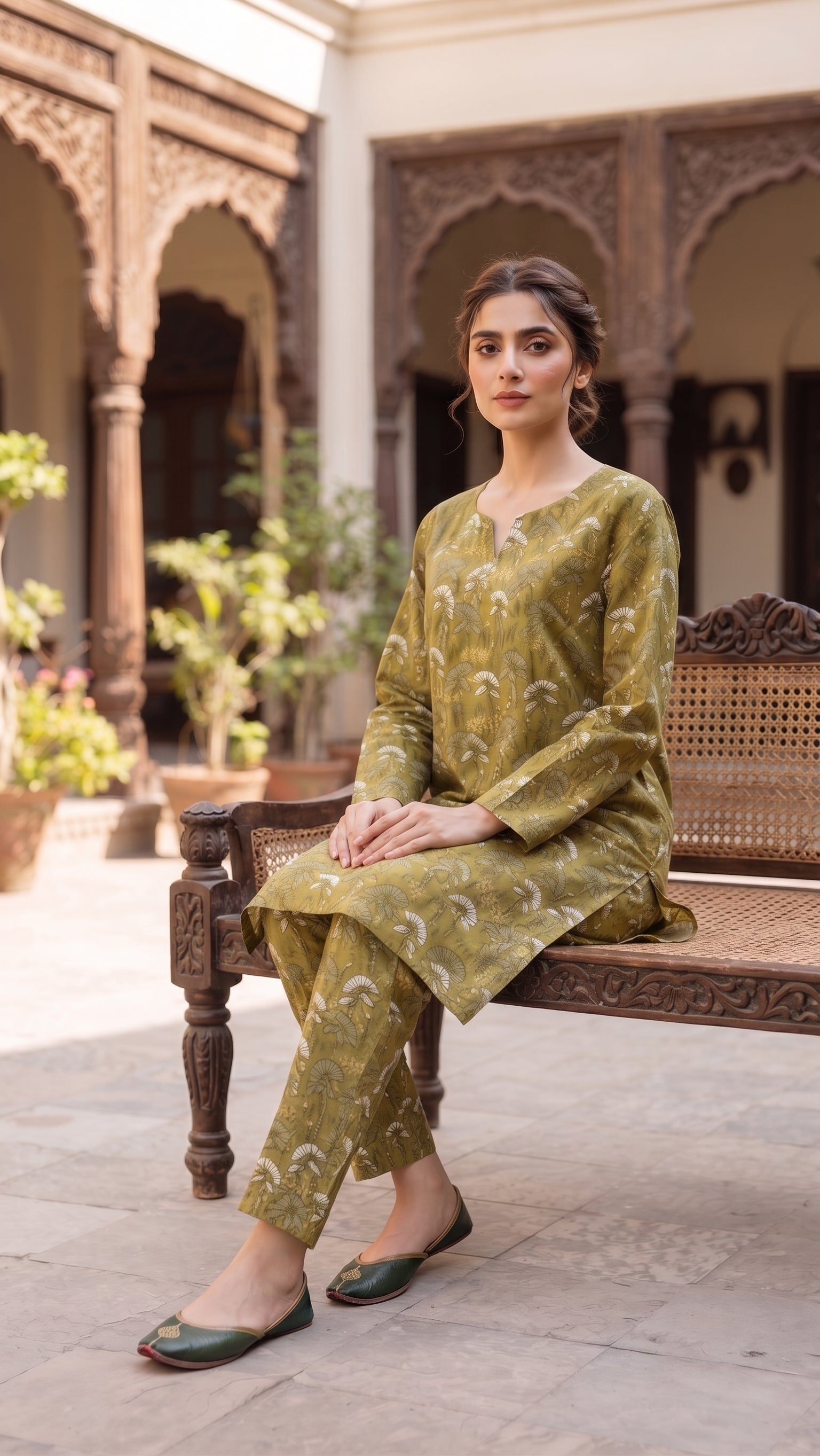 Olive Green Palm Leaf Print 2-Piece Suit view 2