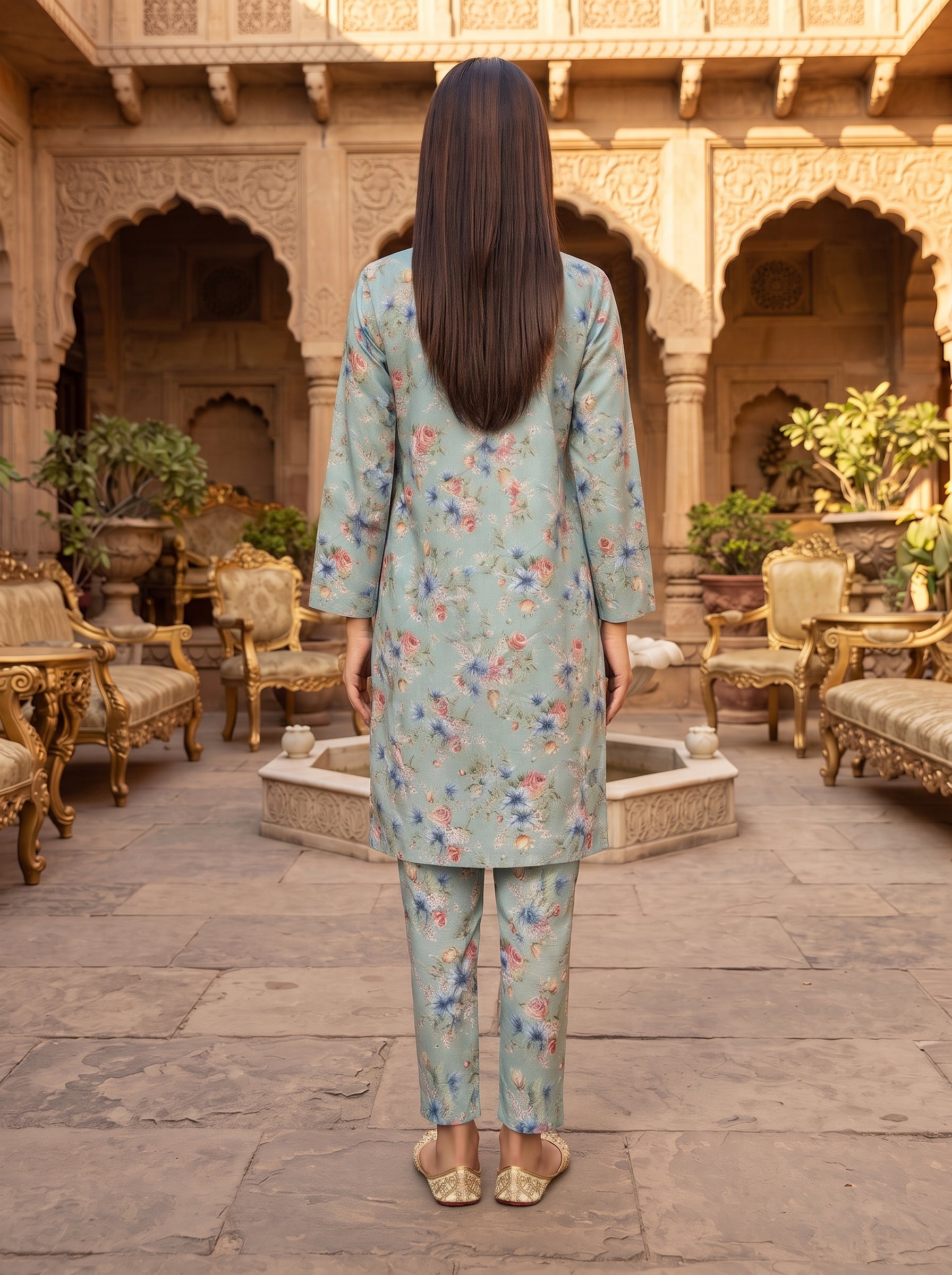 Powder Blue Rose Floral Print 2-Piece Suit back