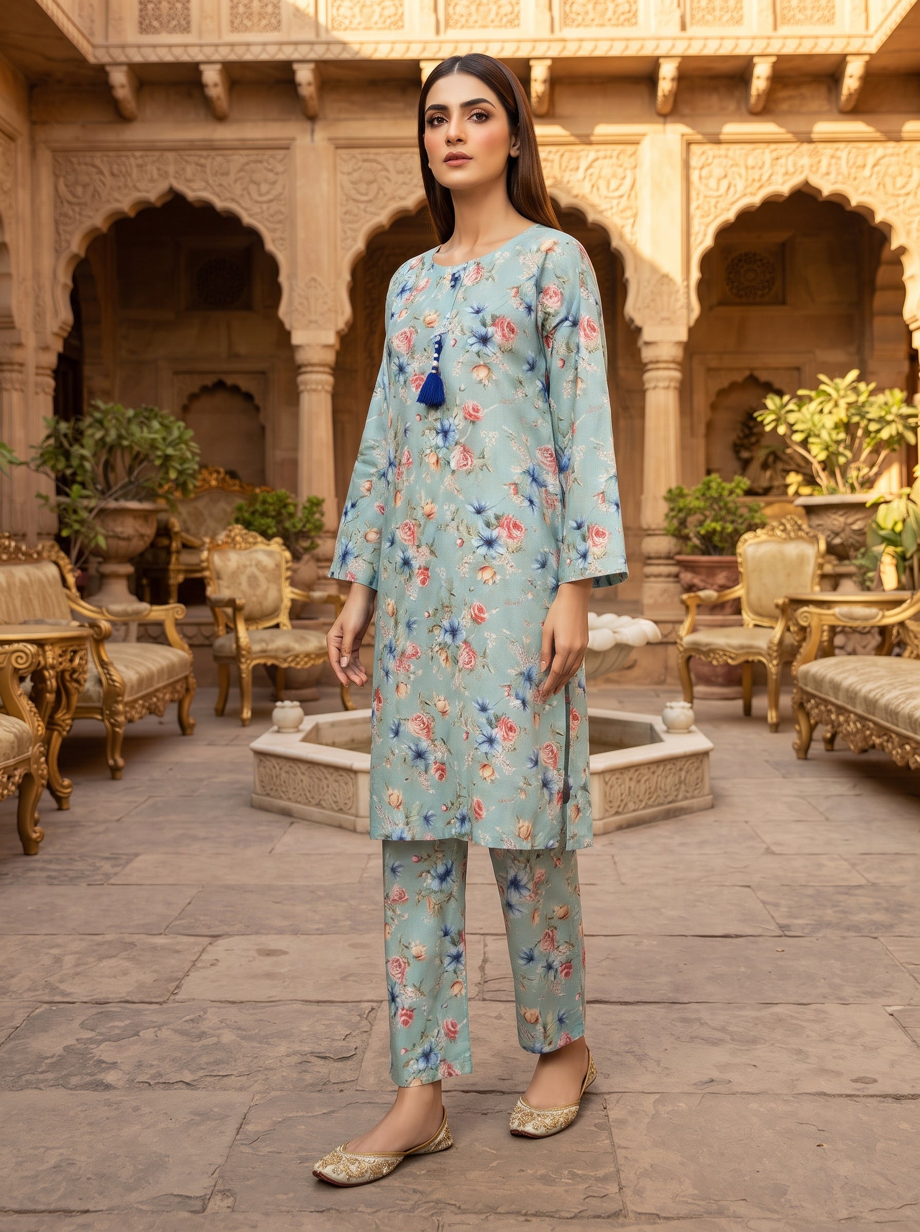 Powder Blue Rose Floral Print 2-Piece Suit view 2