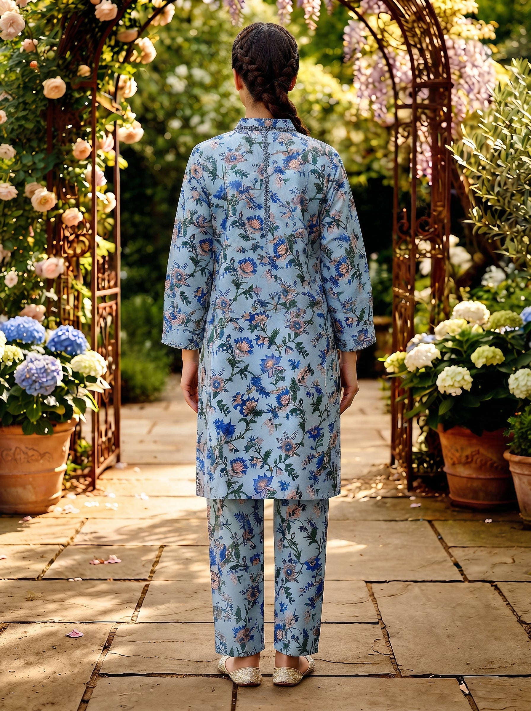 Powder Blue Multicolor Floral Print 2-Piece Suit view 2