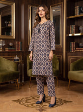 Navy Ikat Leaf Print 2-Piece Suit front