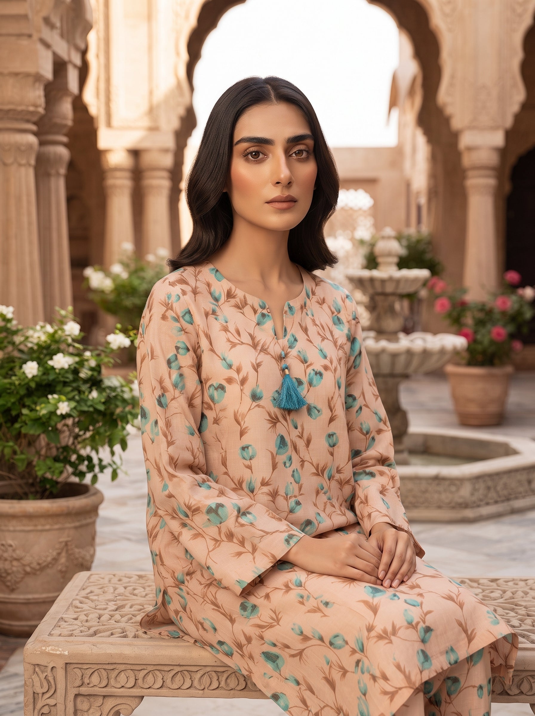 Peach Turquoise Leaf Print 2-Piece Suit front