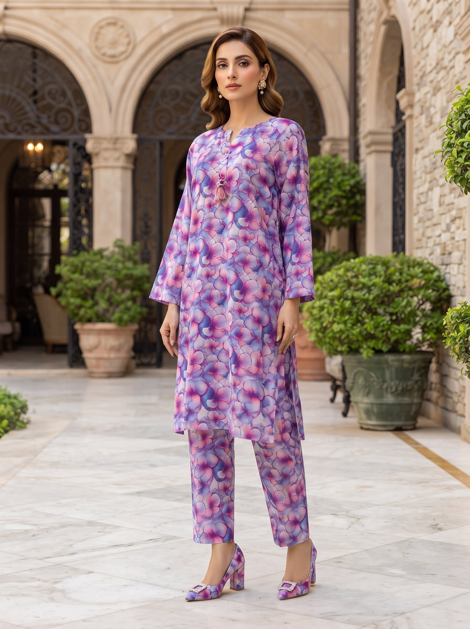 Lavender Watercolor Floral Print 2-Piece Suit front