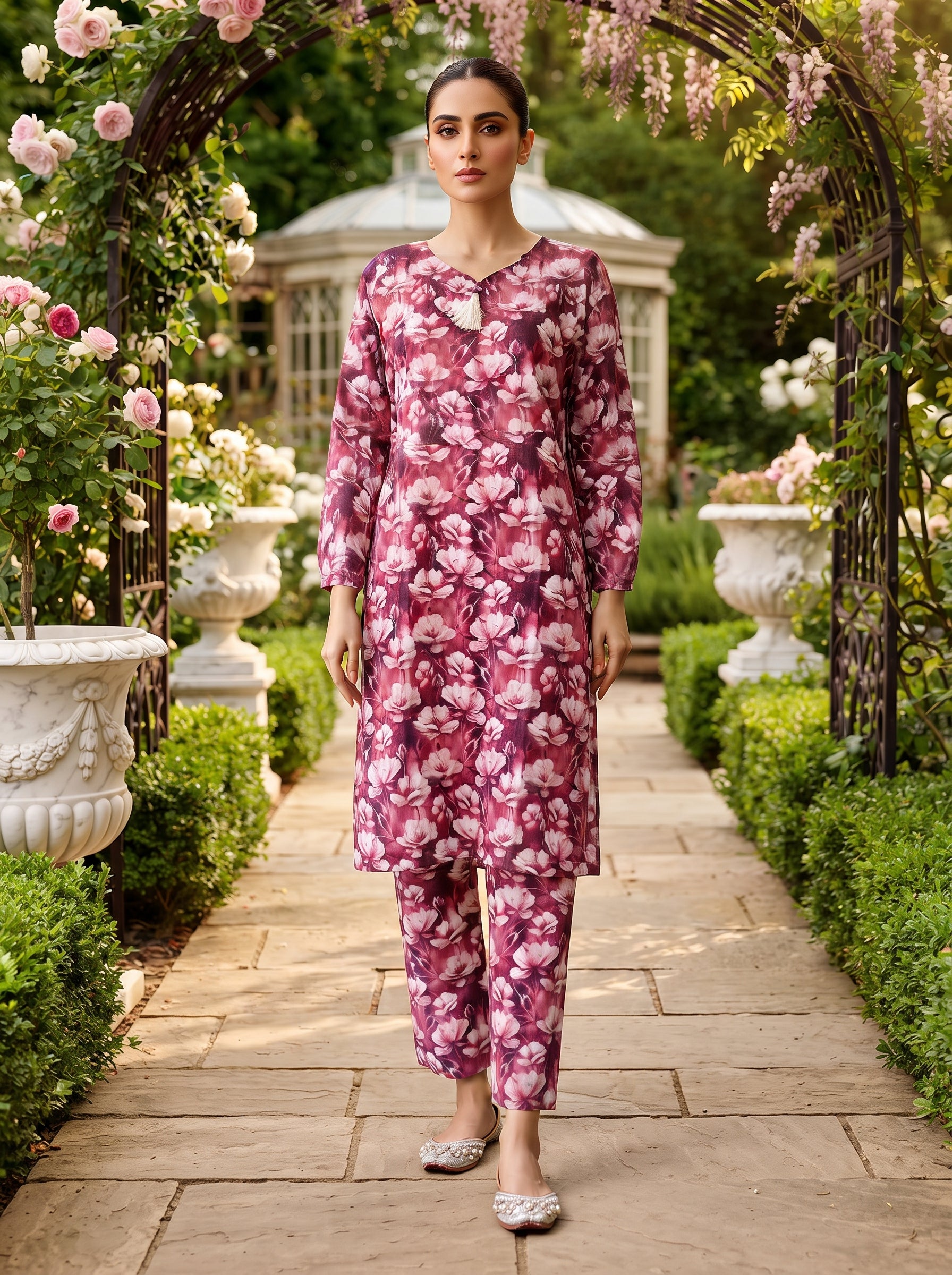 Magenta Watercolor Floral Print 2-Piece Suit view 4
