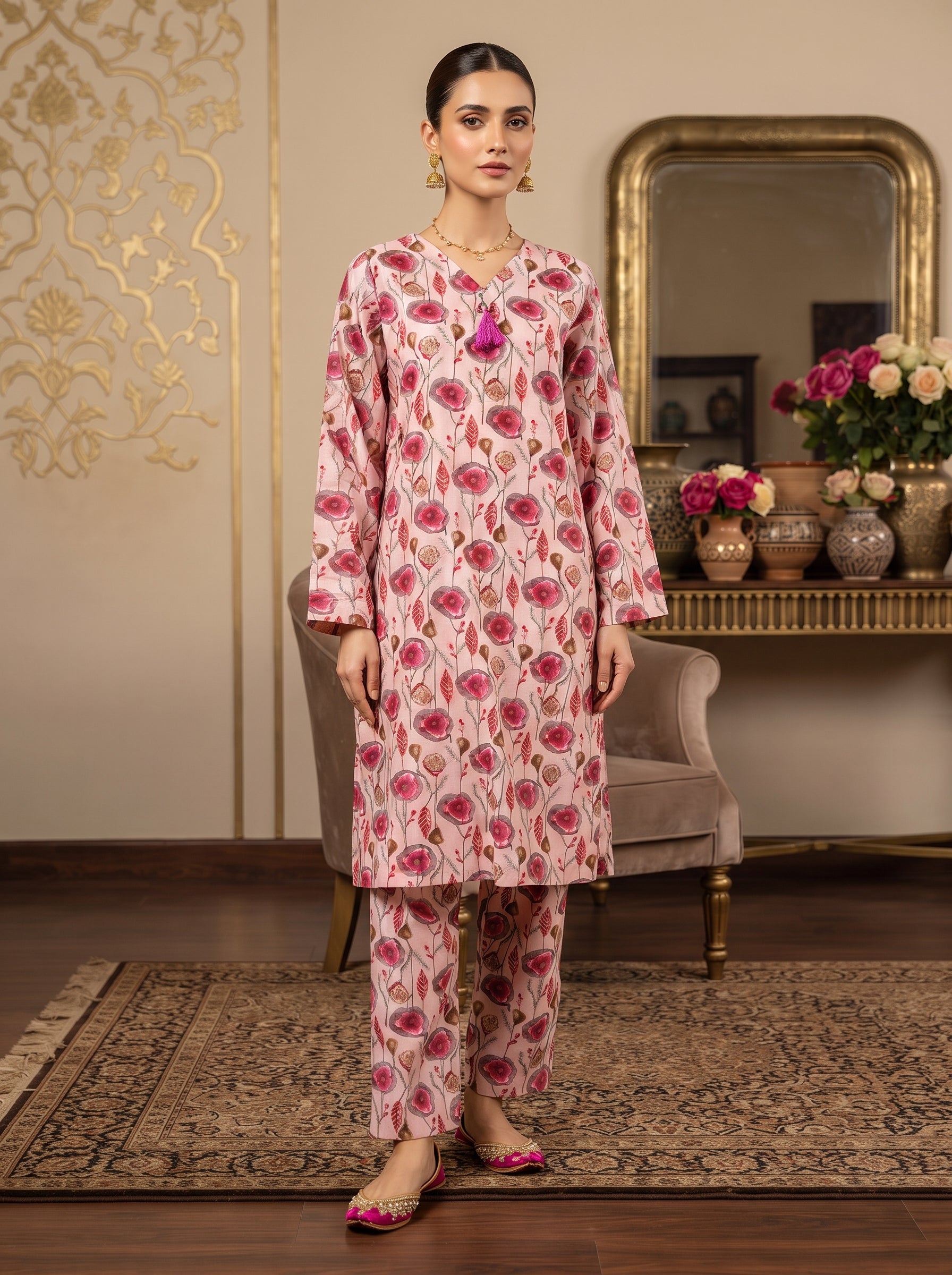 Baby Pink Poppy Floral Print 2-Piece Suit front