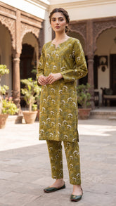 Olive Green Palm Leaf Print 2-Piece Suit view 4