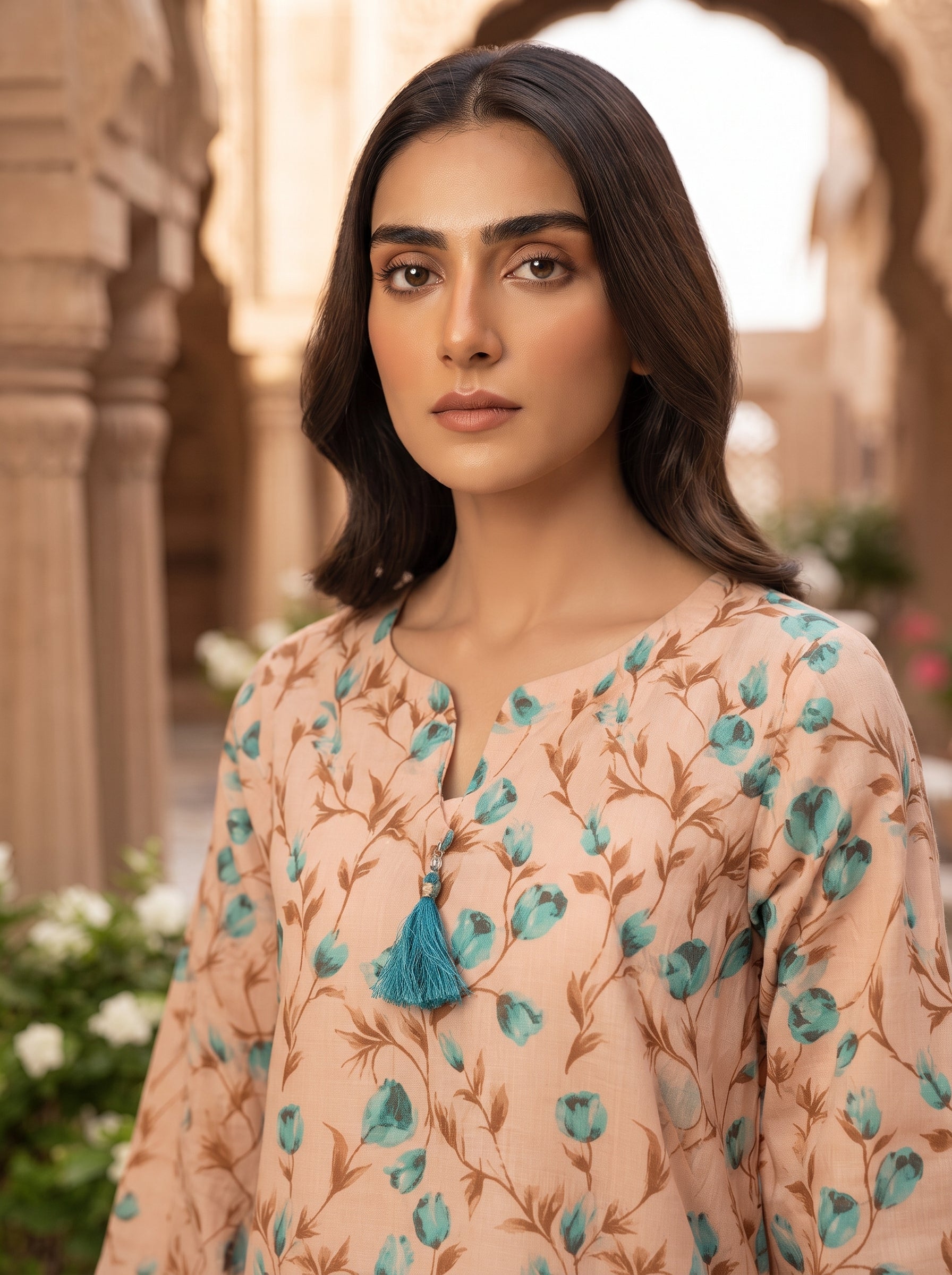 Peach Turquoise Leaf Print 2-Piece Suit view 3