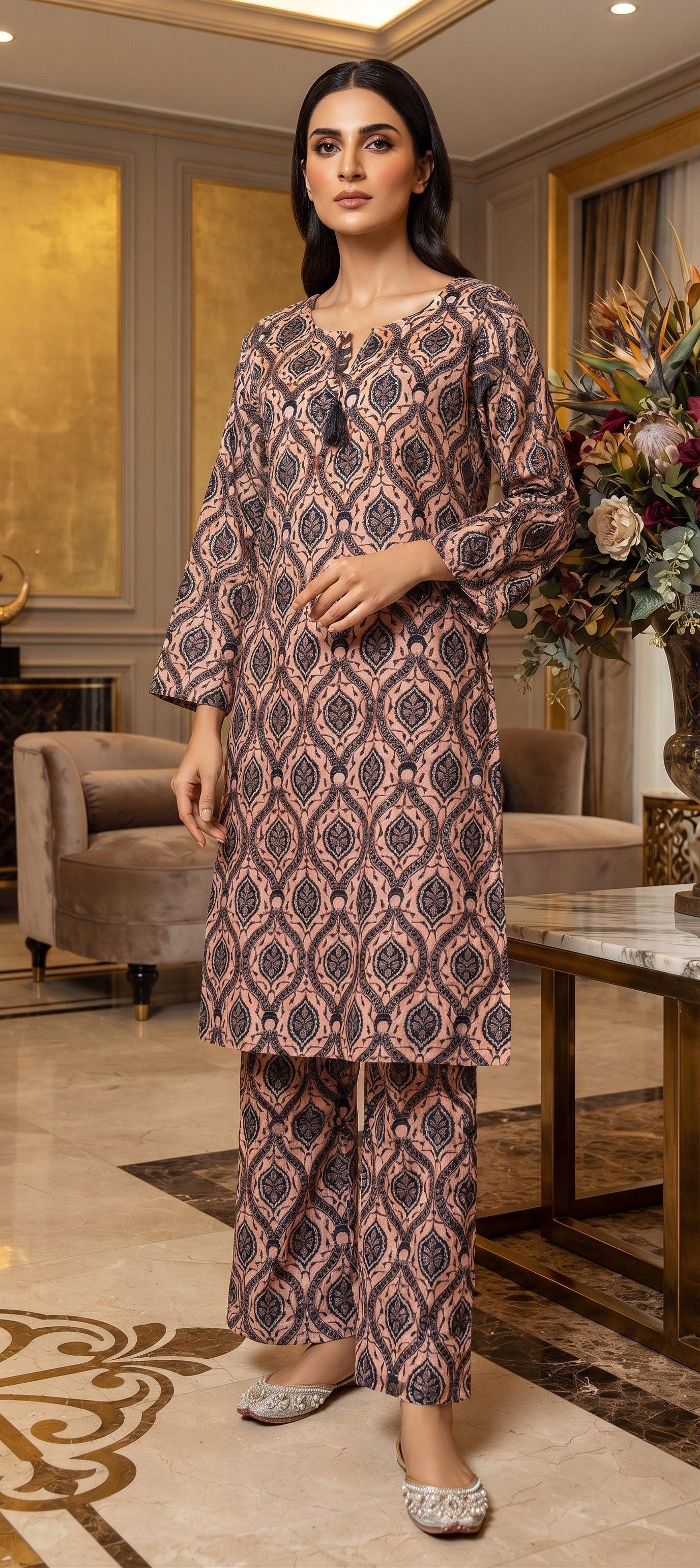 Peach Black Ikat Print 2-Piece Suit front