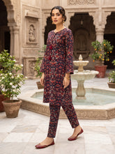 Navy Plum Ikat Print 2-Piece Suit front