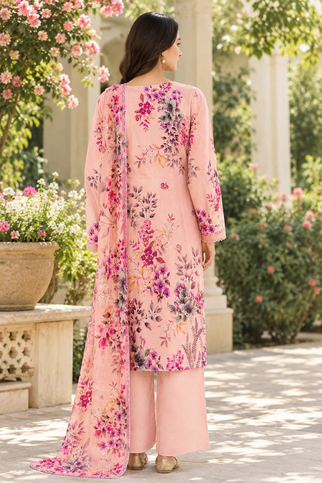 3 Pcs Unstitched Printed Dobby Viscose Suit in blush pink for women