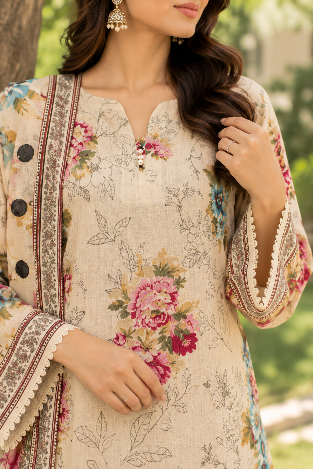 Beige unstitched 3 Pcs Viscose suit for women with matching floral dupatta
