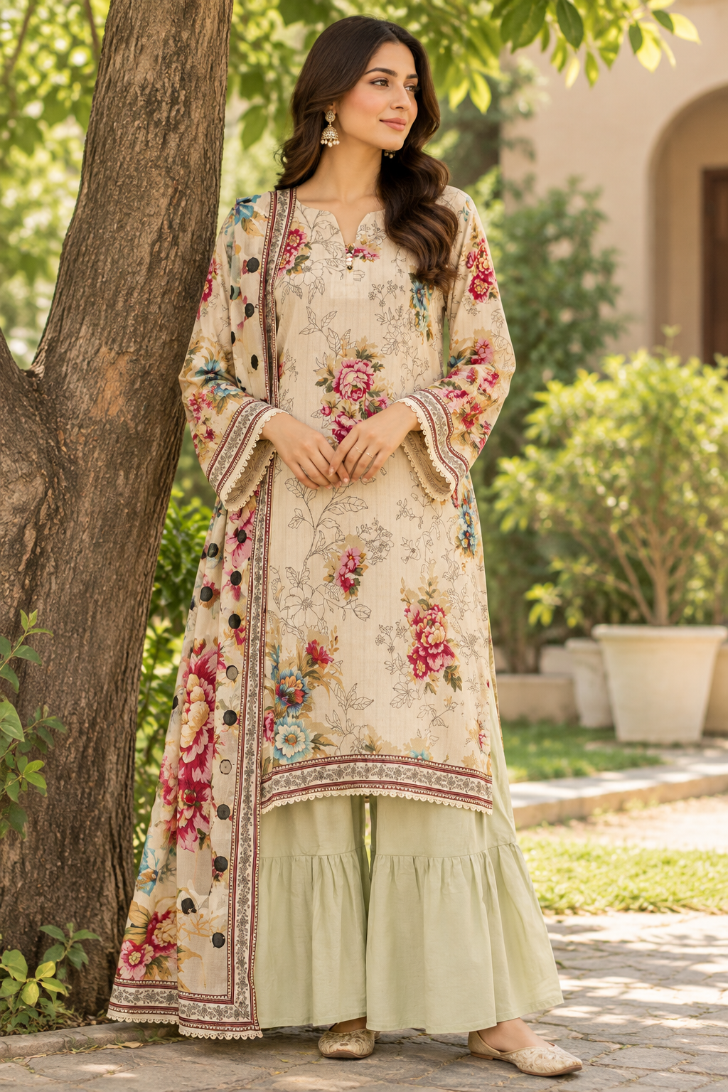 Women's beige unstitched viscose suit with loop-and-lace trims