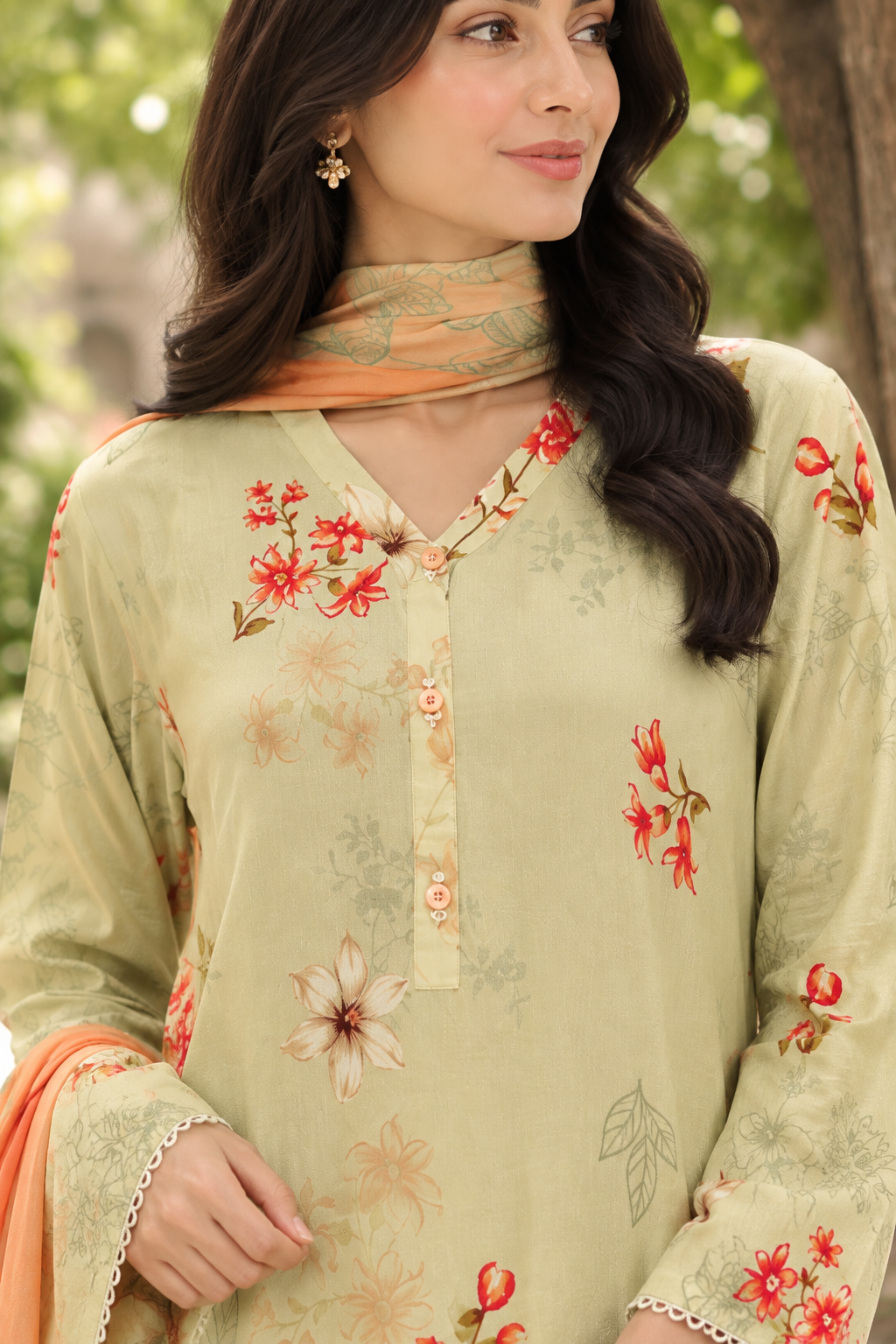 Pistachio green rust and yellow floral print on unstitched viscose suit for women