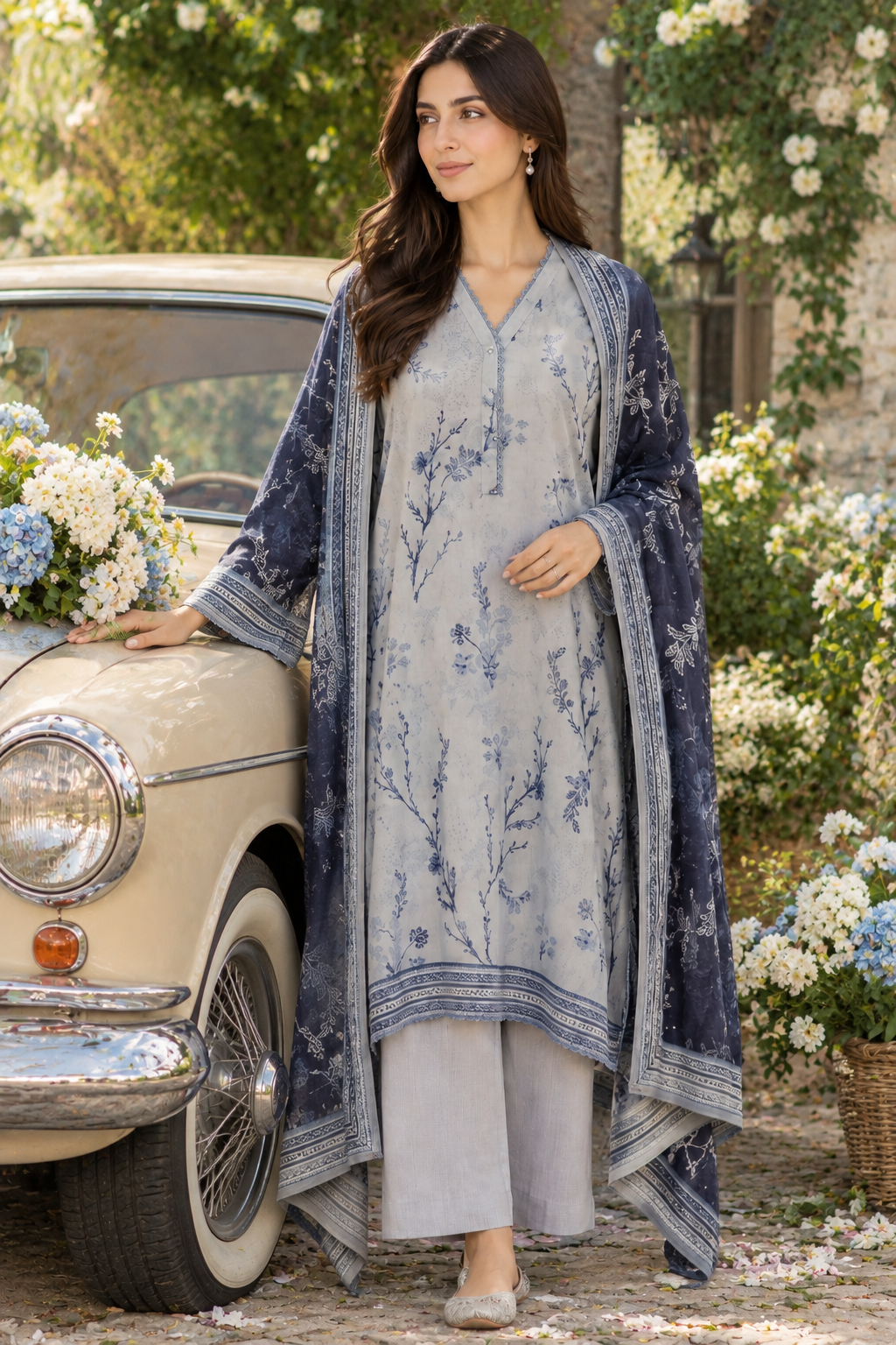 Women's slate grey unstitched viscose suit with printed shirt and dyed trouser