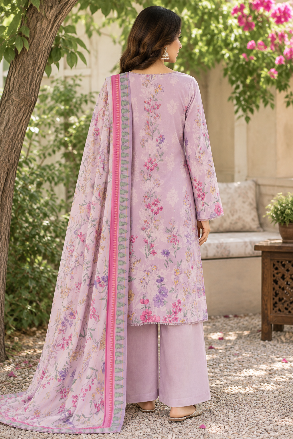Lavender pink floral print on unstitched viscose suit for women