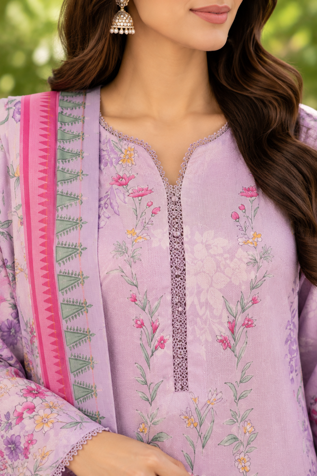 Lavender unstitched 3 Pcs Viscose suit for women with printed dupatta with bold borders