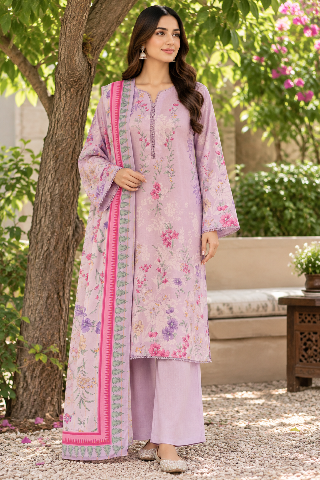 Women's lavender unstitched viscose suit with lace-trimmed edges