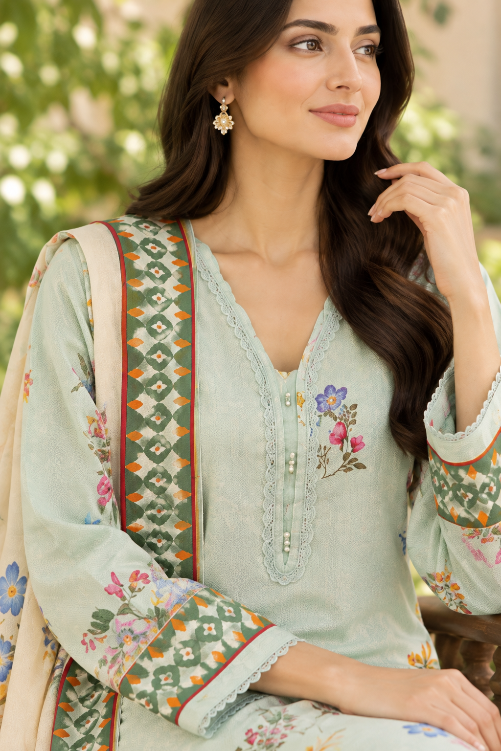 Mint green multicolor floral sprig print on unstitched viscose suit for women