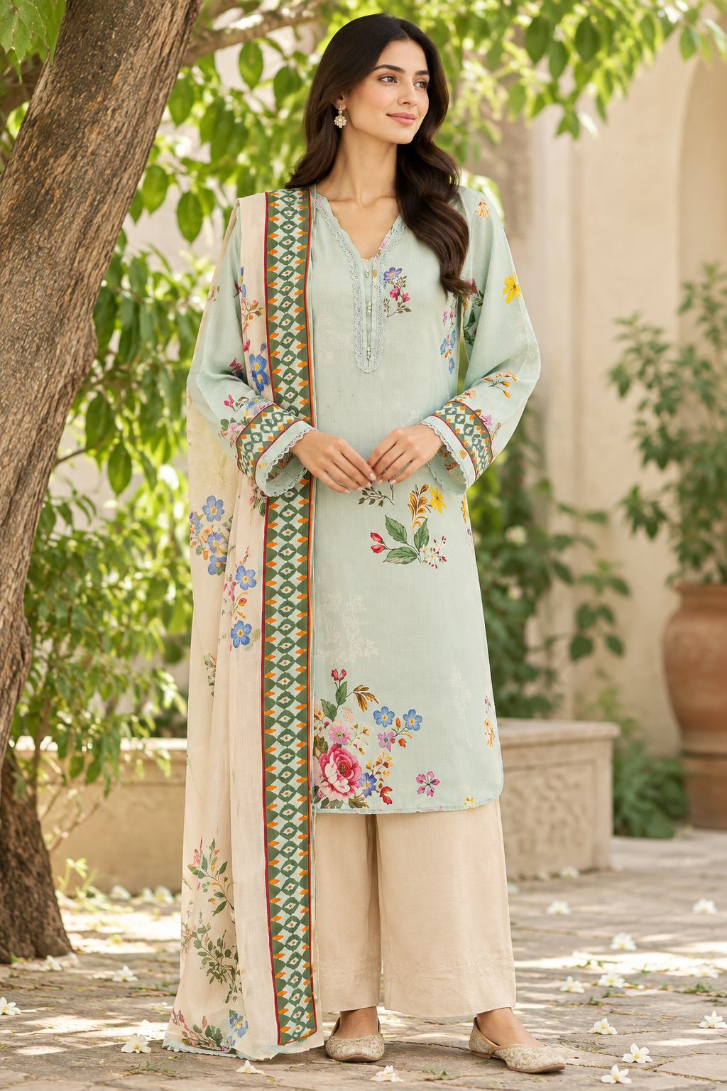 3 Pcs Unstitched Printed Dobby Viscose Suit in mint green for women
