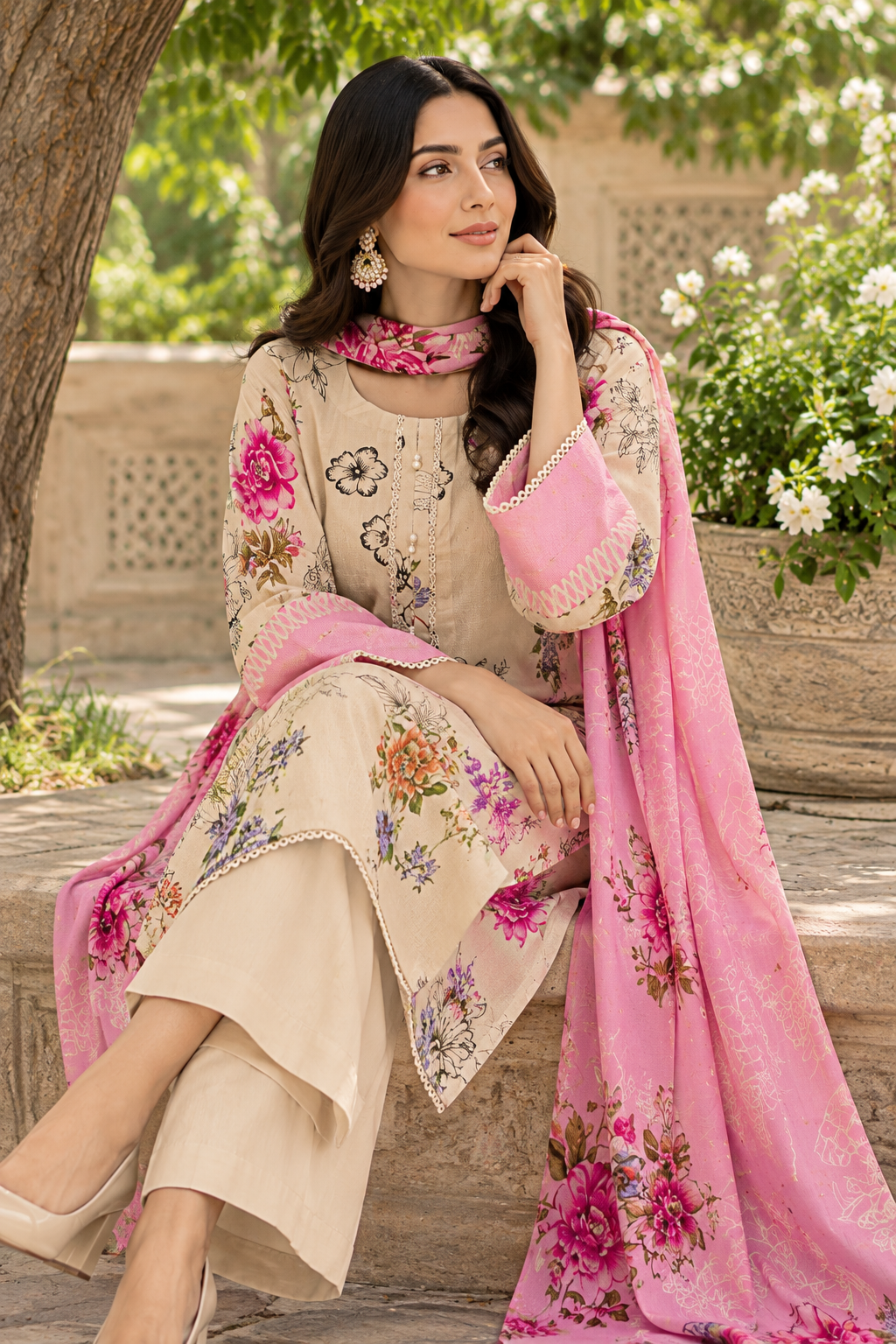 Women's beige unstitched viscose suit with pearl-accented lace trims