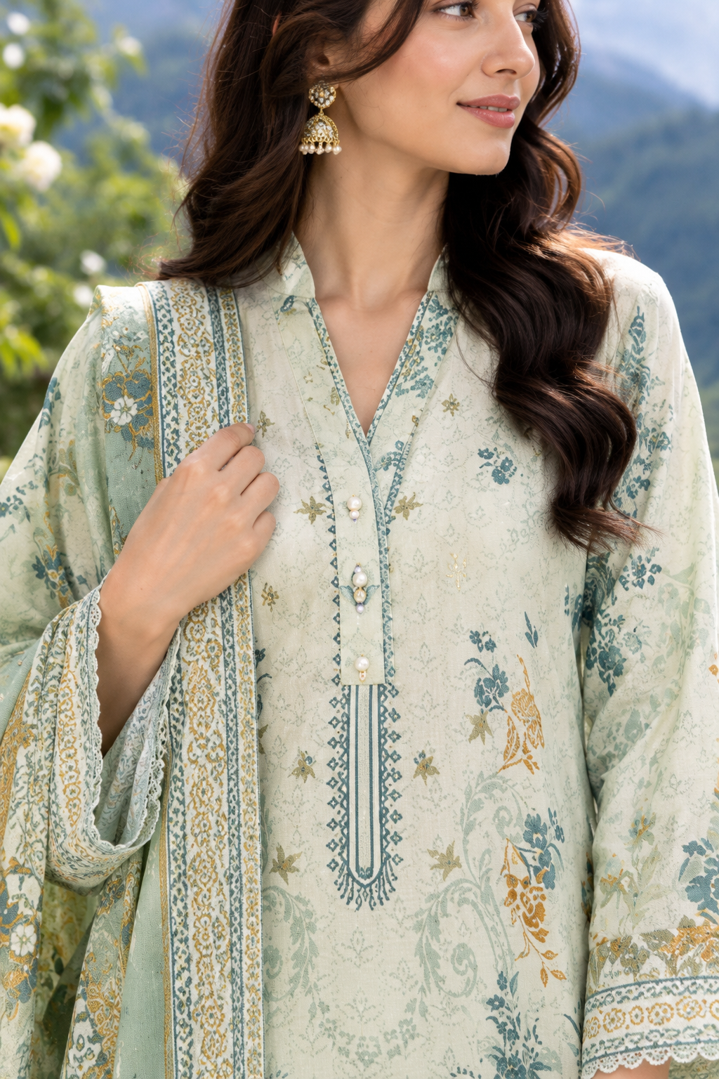 Pale seafoam green unstitched 3 Pcs Viscose suit for women with printed tasseled dupatta