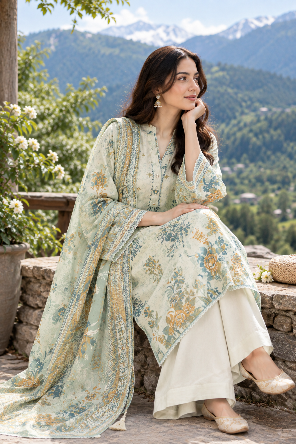 Women's pale seafoam green unstitched viscose suit with embroidered neckline