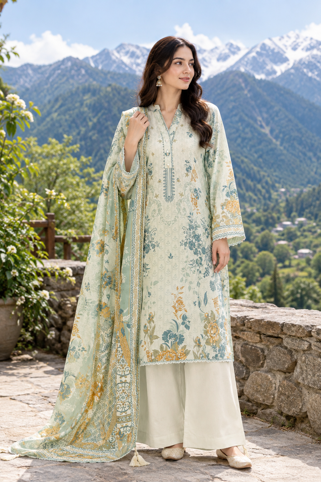 3 Pcs Unstitched Printed Dobby Viscose Suit in pale seafoam green for women