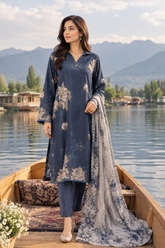 3 Pcs Unstitched Printed Dobby Viscose Suit in midnight blue for women