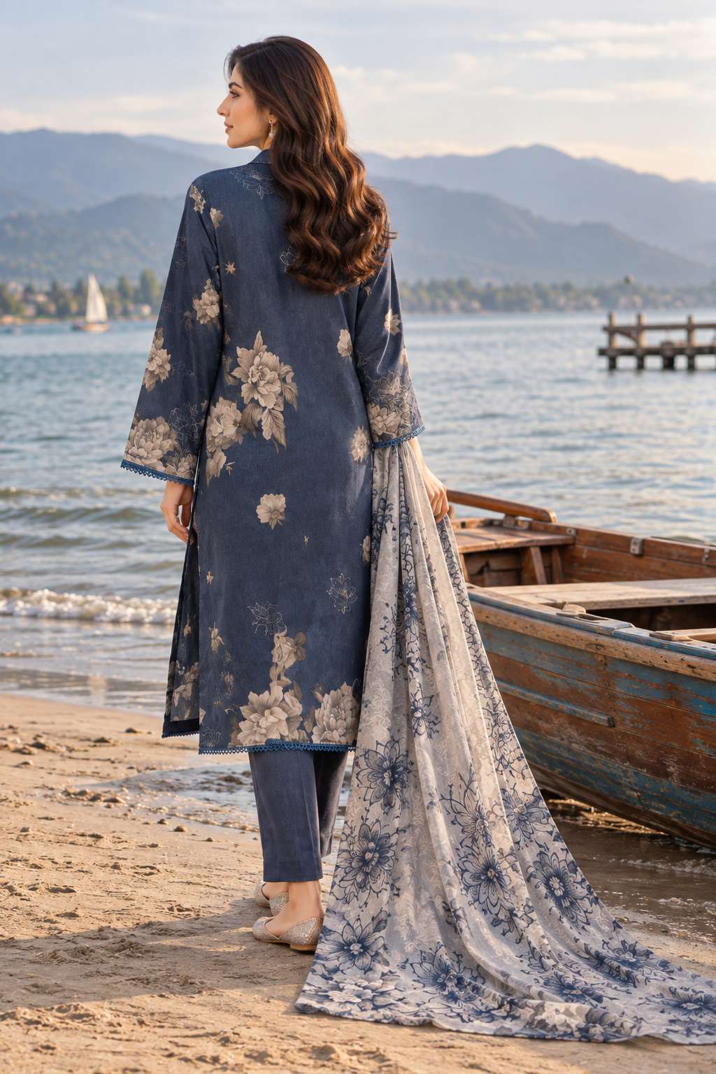 Midnight blue vintage beige floral print on unstitched viscose suit for women